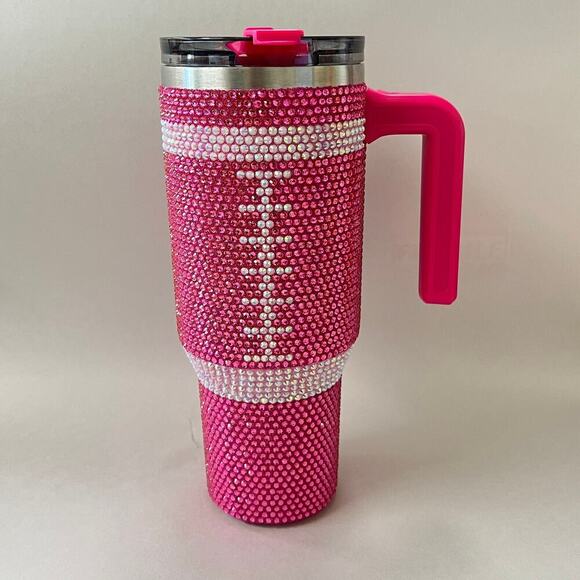 HydraPeak Pink Football Bling Tumbler 40oz Voyager Silver Jeweled - Picture 1 of 7